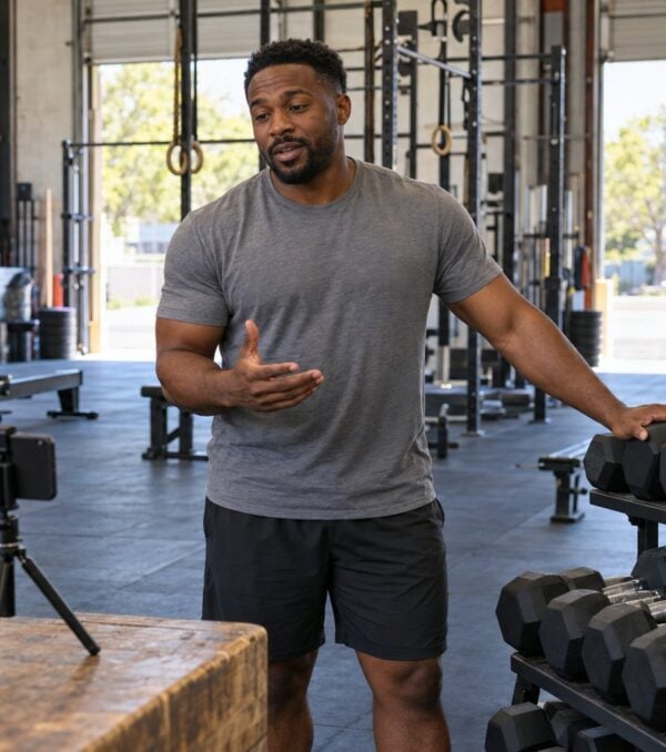A gym owner films a training video on a phone tripod beside the dumbbell rack