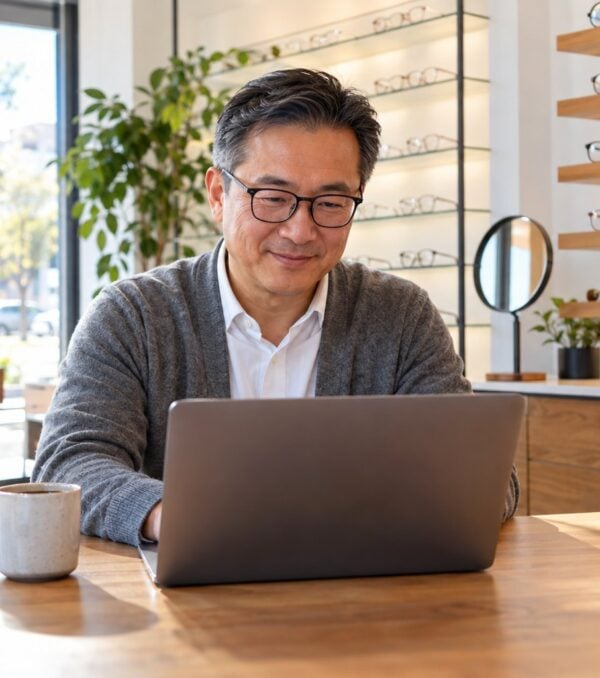 An optical shop owner writes a blog post on a laptop in his store