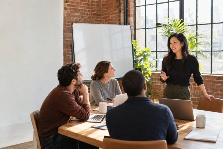 Founder of a small crypto company leading a morning meeting with her team