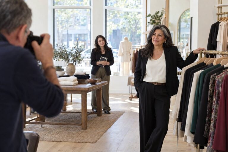 Boutique owner standing by a clothing rail while a newspaper photographer takes her portrait