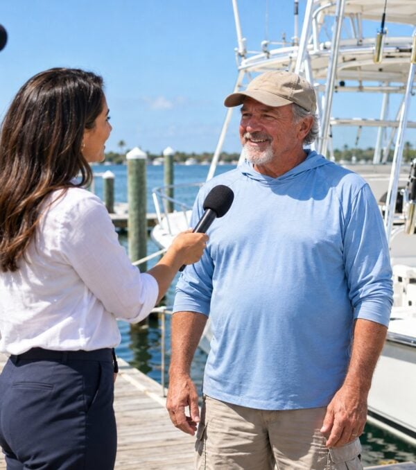 A local TV crew interviews a fishing charter captain on the dock