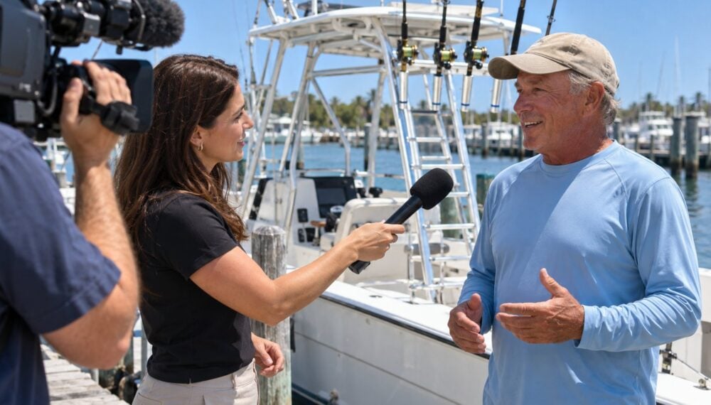 A local TV reporter interviews a fishing charter captain beside his boat